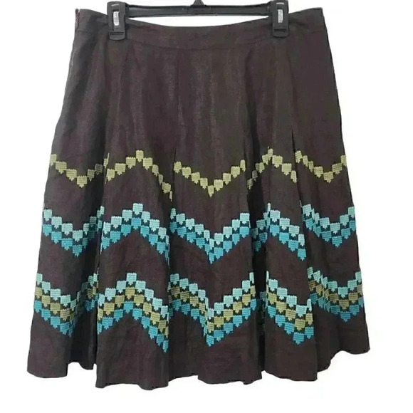 Loft Pleated 100% Linen Embroidered Skater Skirt size 10 - Picture 1 of 6